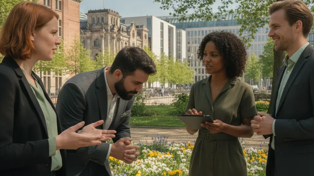 Four young green politicians, two women and two men, engaged in a lively discussion about pension reforms in a serene outdoor setting, with modern architecture and greenery in the background, embodying hope for low-income pensioners.