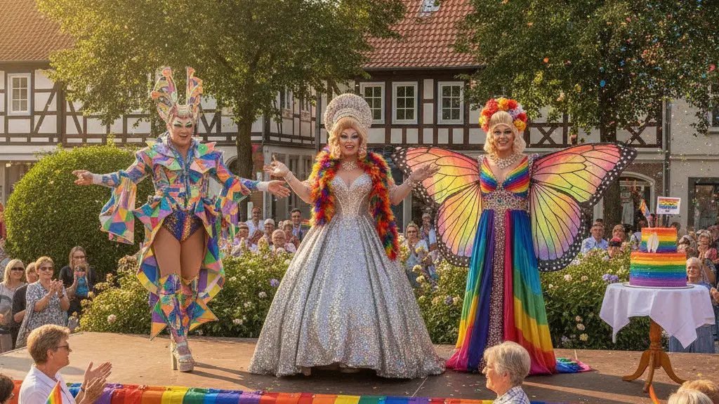 An ultra-realistic image of a Drag Show featuring Miss Joyce DeLone in Weyhe, Germany, with performers in colorful costumes, a rainbow cake in the scene, and a diverse audience celebrating Pride Month.