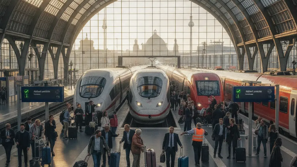 A vibrant and bustling German train station filled with travelers after a technical outage, featuring modern ICE and regional trains, surrounded by recognizable German architecture and joyful crowds reuniting and embarking on journeys.
