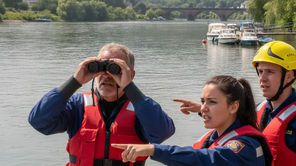 A dramatic scene showing emergency responders near the Rhine River, focused on a rescue operation. Three individuals, including a male with binoculars and a female in a life vest, convey teamwork and urgency against a picturesque background of the Rhine's lush banks and distant hills.