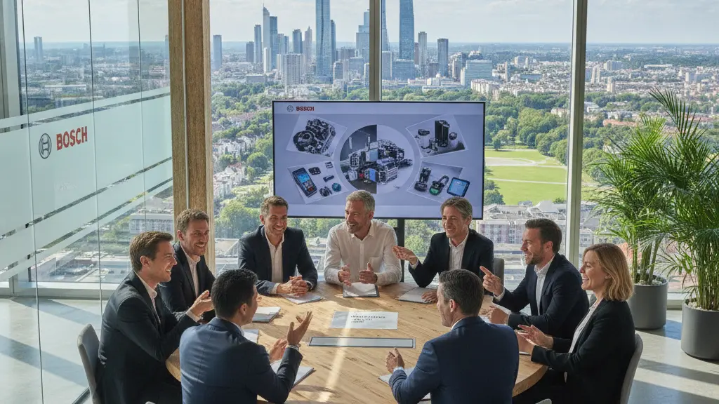 A diverse group of professionals engaged in a collaborative discussion in a modern office, symbolizing Bosch's commitment to innovation and social responsibility amidst challenges, with a vibrant cityscape visible through the windows.