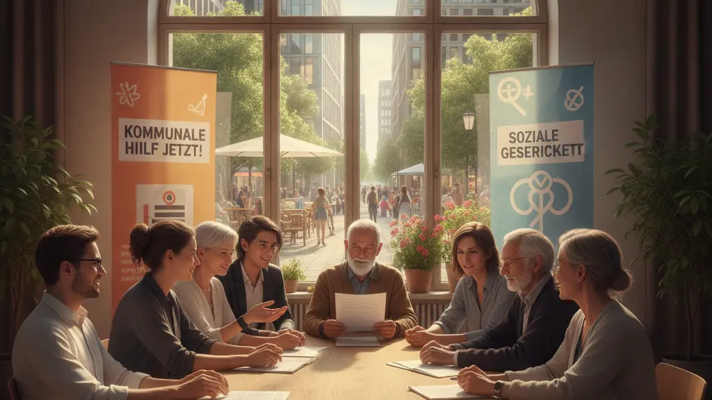 A diverse group of individuals in Germany engaged in a community meeting, discussing social issues with determined expressions, surrounded by cultural architecture and community activism symbols.