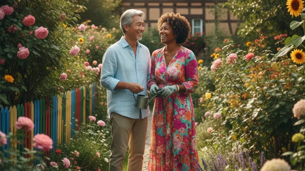 A retired couple joyfully tending to their garden on a sunny day, surrounded by blooming flowers and vibrant greenery, symbolizing a peaceful and happy retirement.
