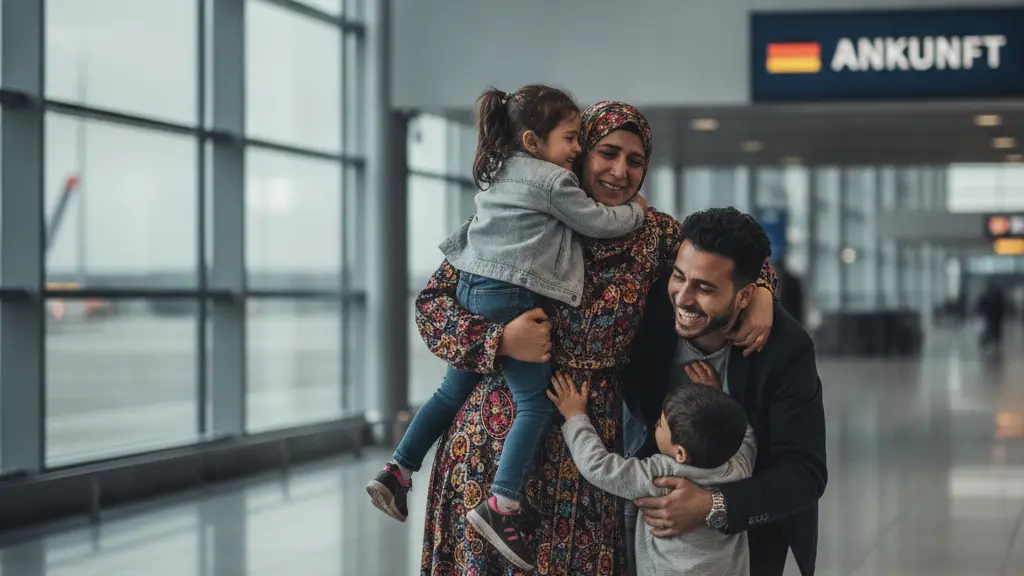 A joyful Syrian refugee family, consisting of a mother in traditional dress and her husband with two children, are emotionally reuniting at a German airport, surrounded by an uplifting atmosphere and hints of the country's identity in the background.