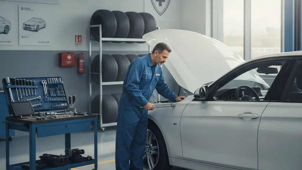 A mechanic in an automotive repair workshop, focused on replacing an airbag in a BMW car, illustrating commitment to safety and quality service.