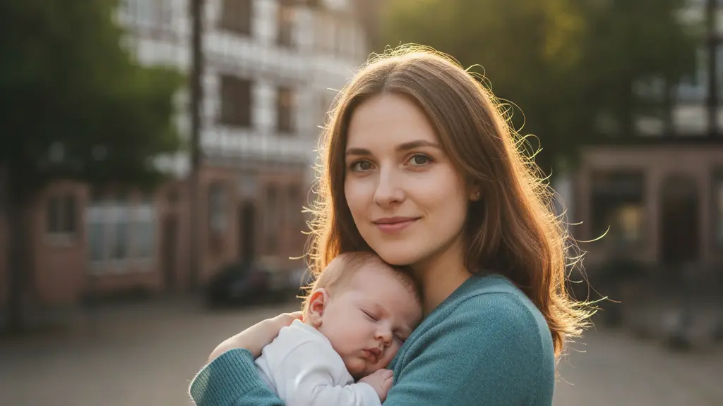 A photorealistic image of a serene young mother gently holding her sleeping infant, bathed in warm golden light, conveying a powerful sense of security and peace. In the softly blurred background, classic German half-timbered houses and lush trees are visible, representing robust legal protection during parental leave in Germany. The composition is centered, uplifting, and free of any text or symbols.