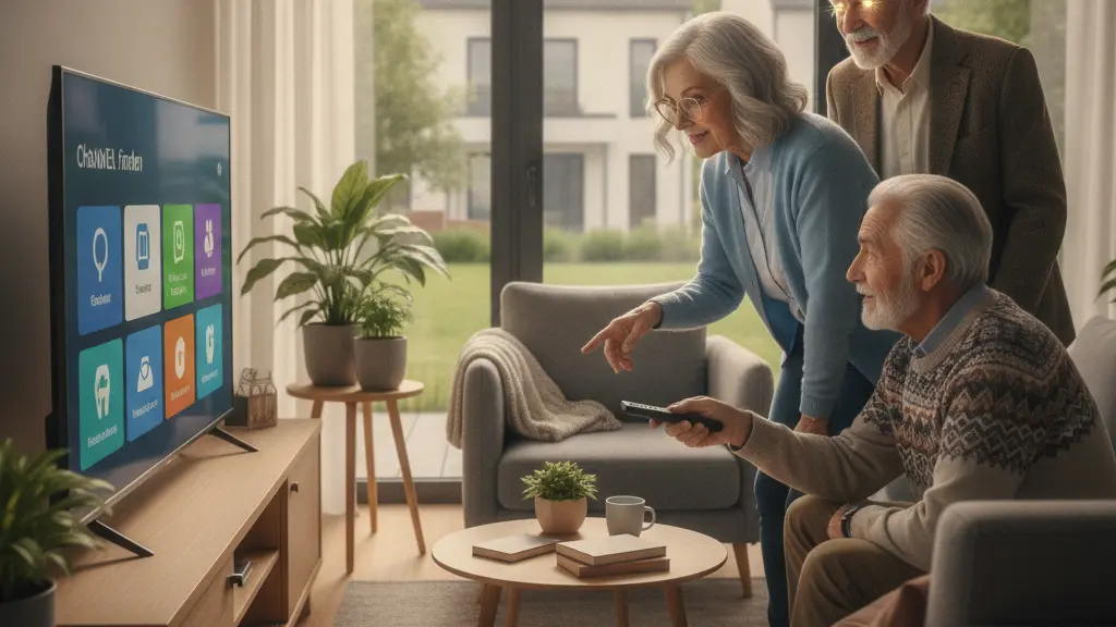A group of diverse seniors in a bright living room, engaging with technology as they help each other navigate a TV channel search on a large screen, conveying a sense of community and support.