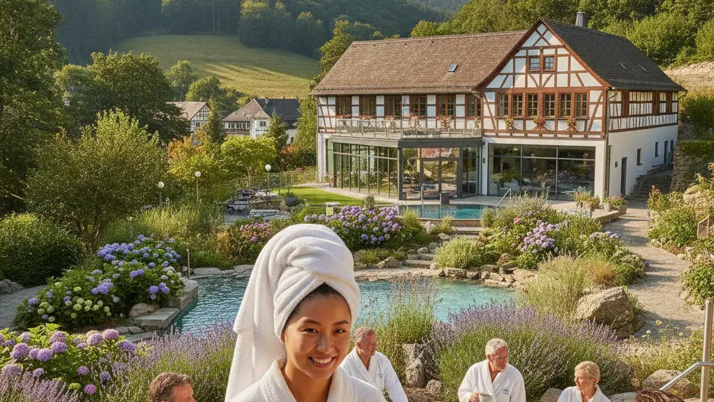 A serene spa scene in Thüringen featuring a young diverse woman in a spa robe among relaxed individuals, traditional German architecture, and lush greenery under a sunny sky.