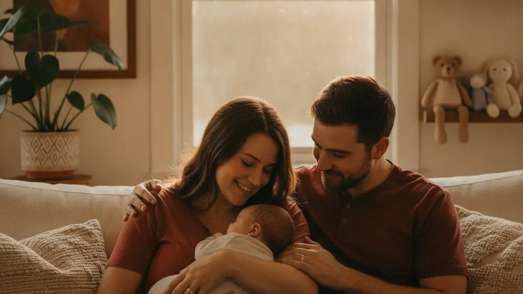 A young couple joyfully sitting on a cozy couch with their infant child in a warmly lit living room, emphasizing the shared responsibility of parenting in a nurturing environment.