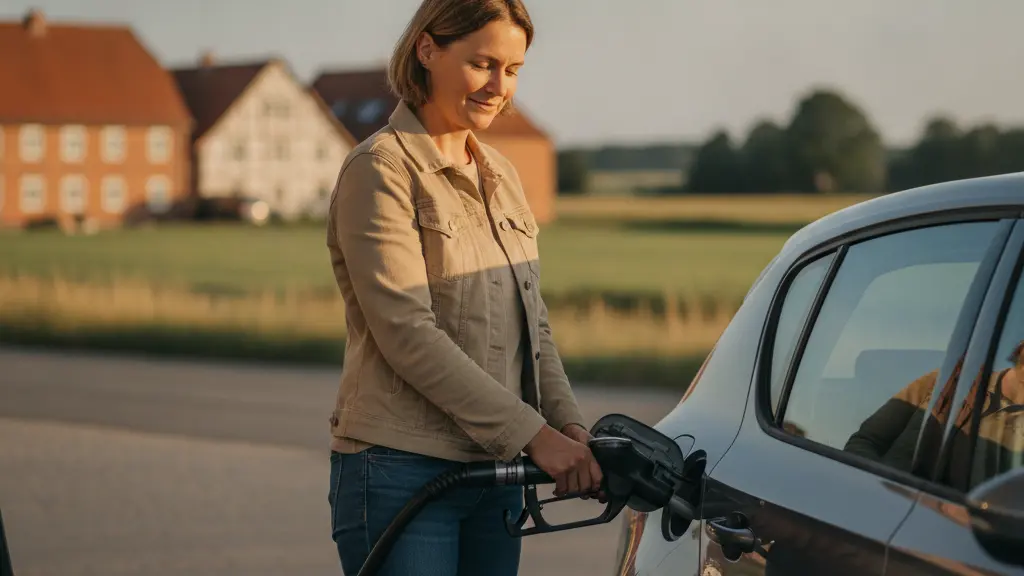 Ultra-realistic photo of a woman with a satisfied smile, fueling a car at a clean German petrol station at golden hour. Traditional red-brick and half-timbered architecture, characteristic of Lower Saxony, is visible in the softly blurred background, alongside green fields. The scene conveys a sense of quiet triumph for making a timely, economical choice. No visible text or branding.