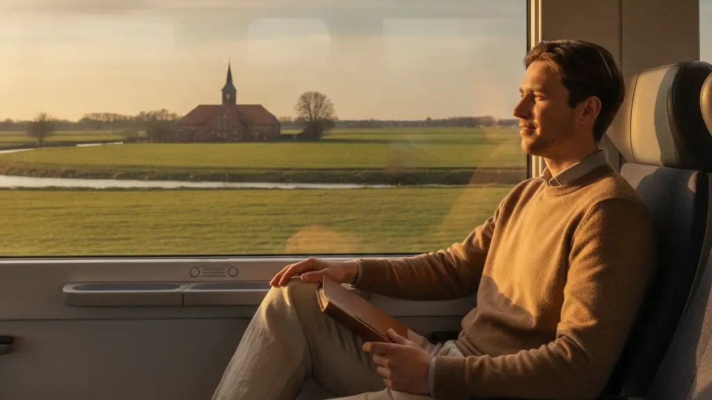 An ultra-realistic, photorealistic image of a young adult traveling by train through Northern Germany. The person is seated by a large window, illuminated by warm golden hour sunlight, gazing calmly at a picturesque landscape. Outside the window, vibrant green fields, a winding river, and a distant traditional red-brick farmhouse, characteristic of the Bremen-Hannover region, are visible. The modern train interior is clean and minimalist. The scene conveys a sense of peaceful, successful travel and optimism.