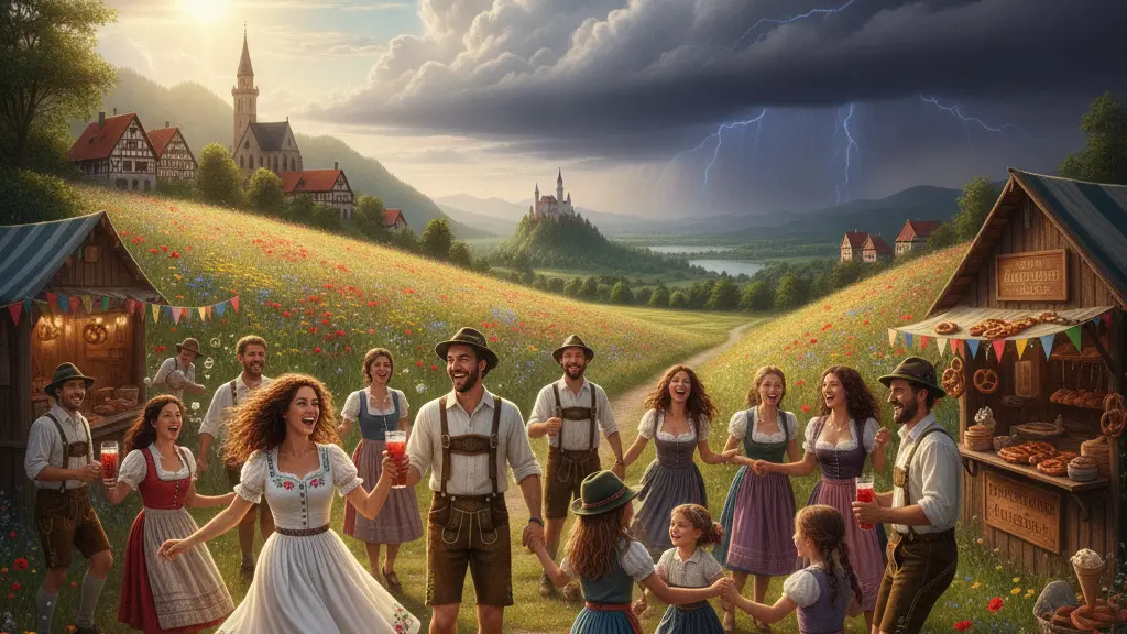 A lively summer festival scene in central Europe, showcasing diverse people enjoying the warm sun with clear blue skies transitioning into dark thunderclouds, hinting at an impending storm.