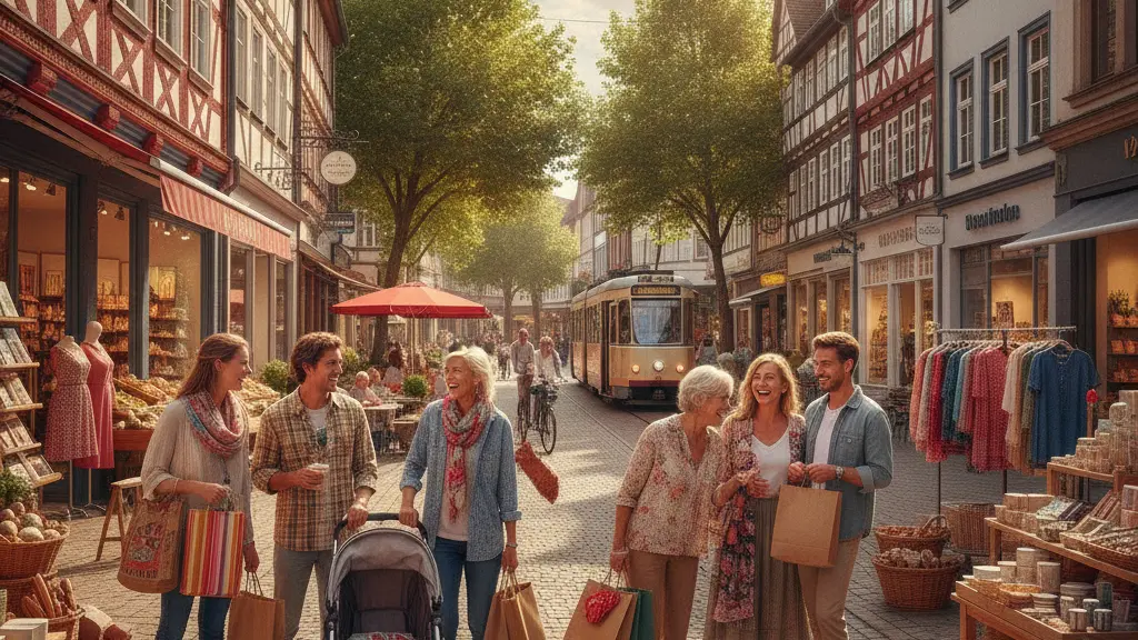 A vibrant shopping scene in North Rhine-Westphalia, featuring a diverse group of happy shoppers enjoying a sunny Sunday, surrounded by open shops and characteristic regional architecture.