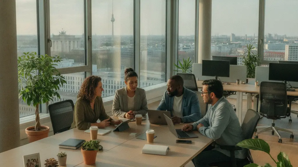 A diverse group of professionals in a modern office setting discussing collaborative ideas, with a view of a Berlin city skyline through large windows, symbolizing the concept of flexible working hours.