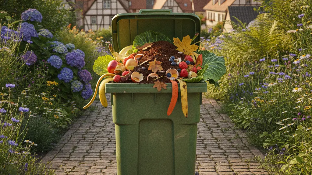A photorealistic image of a compost bin filled with vibrant organic waste set in a lush garden with recognizable German features in the background, emphasizing sustainability and eco-friendliness.