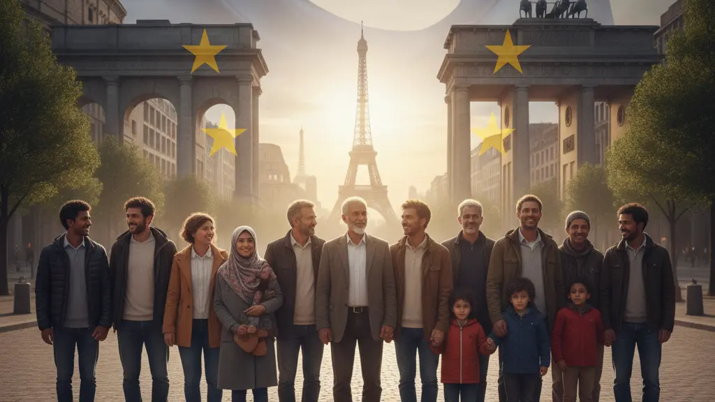 A diverse group of refugees and asylum seekers standing together in a supportive atmosphere against a backdrop of European cityscape elements, embodying hope and resilience while reflecting the complex issues surrounding EU's Return Hubs for external deportation centers.