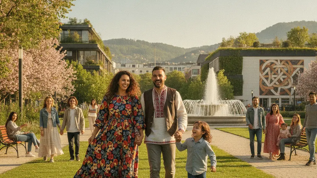 A joyful refugee family in a park setting, showcasing unity and hope, with a vibrant urban backdrop reflecting multicultural integration.
