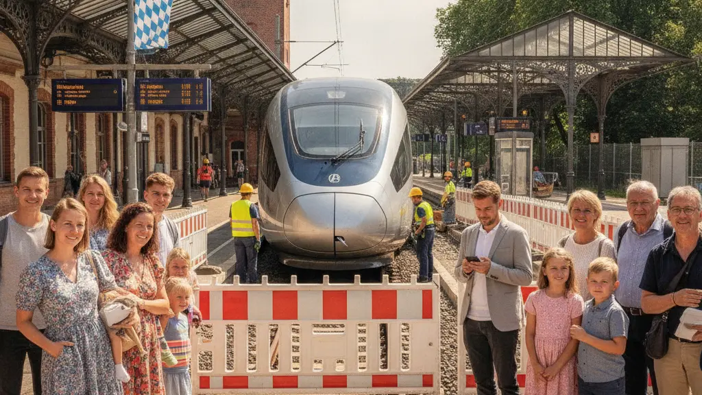 A busy train station scene in Ostallgäu-Lechfeld, Germany, featuring a modern train at the platform with construction barricades nearby. Passengers of diverse backgrounds wait with expressions of optimism, surrounded by recognizable German architectural elements and a sunny atmosphere.