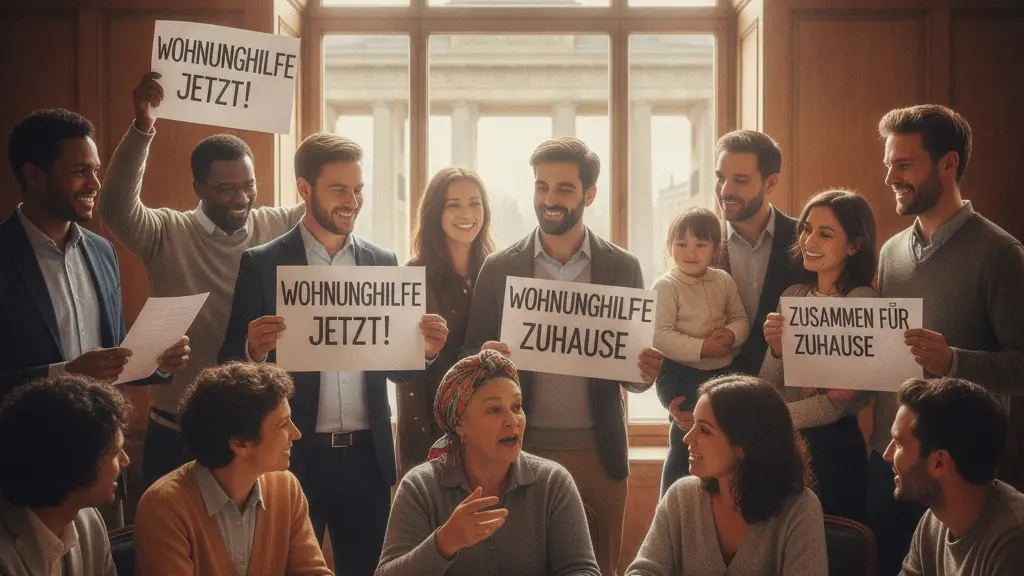 A diverse group of people engaged in a positive discussion in a community center, advocating for housing aid, with the Brandenburg Gate visible in the background.