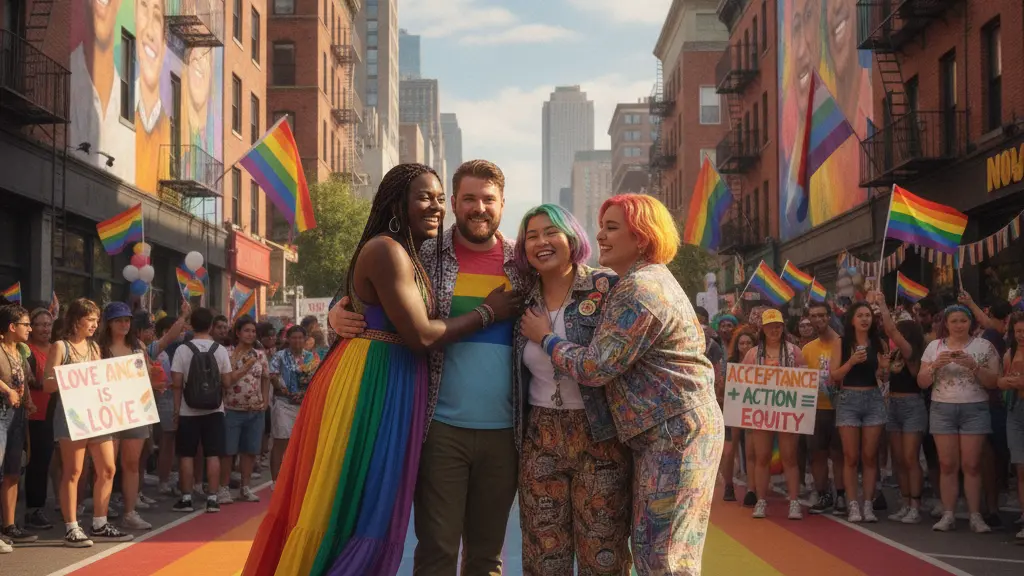 A diverse group of individuals, including a Black transgender woman, a white bisexual man, an Asian queer woman, and a Latinx non-binary person, joyfully embracing on a rainbow-colored street during a lively pride celebration, with urban buildings adorned in rainbow flags and vibrant murals in the background.