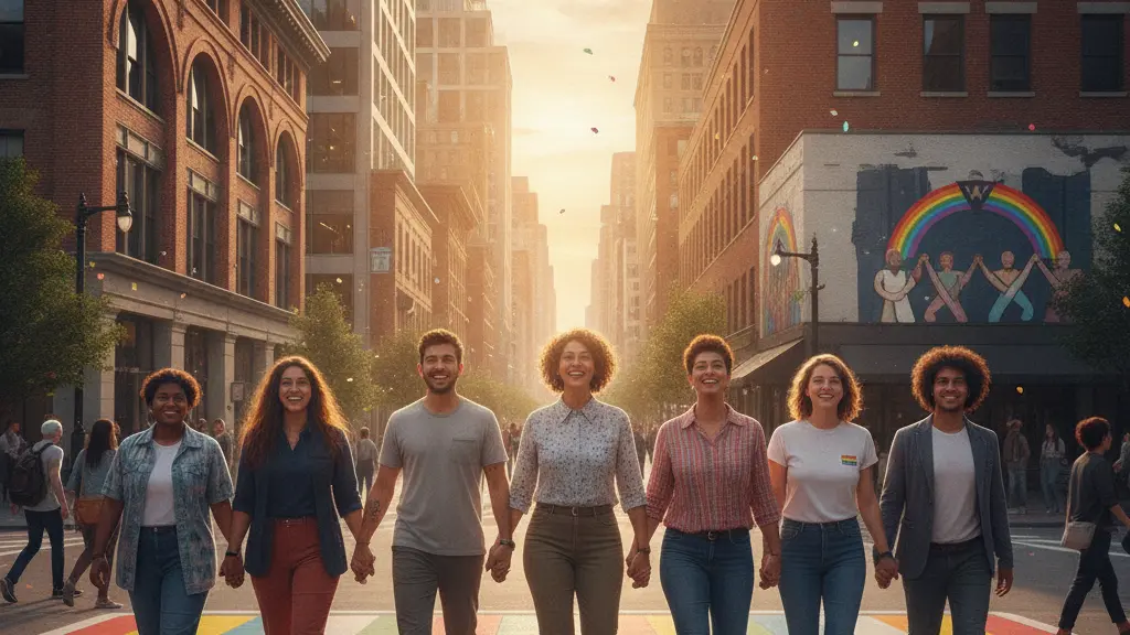 A diverse group of LGBTQ+ activists holding hands and smiling in a vibrant urban setting, symbolizing unity and resilience. The background features recognizable LGBTQ+ elements like a rainbow flag and colorful street art, conveying a message of hope and community.