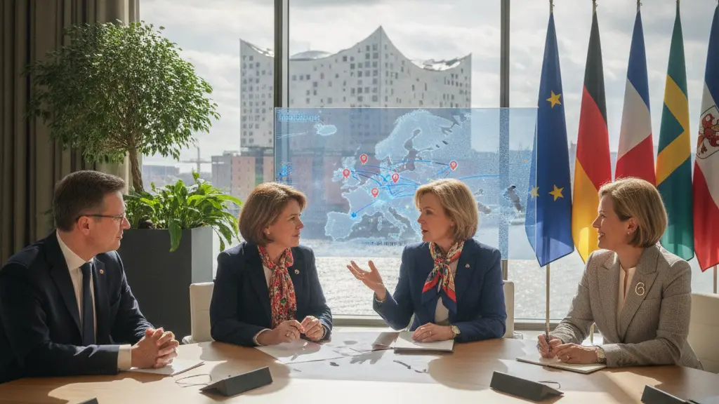 A diverse group of European Interior Ministers engaged in discussion at the 2026 Interior Ministers Conference in Hamburg, with a modern office background and elements representing Germany, including the Elbphilharmonie. The scene conveys collaboration on migration and civil defense.