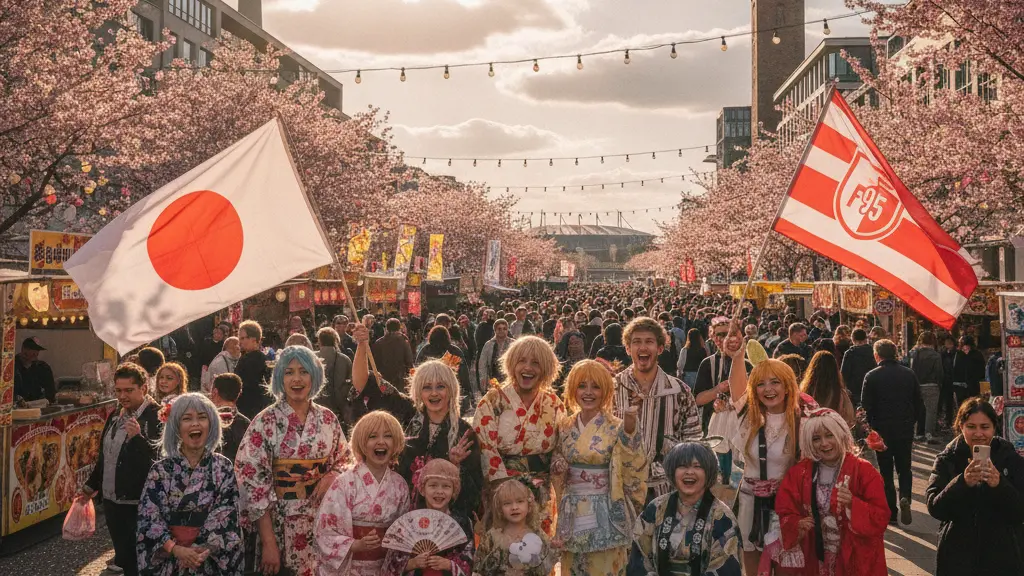 A joyful gathering of diverse people in colorful traditional Japanese attire and cosplay celebrating Japan Day in Düsseldorf, with the Rhine River and Merkur Spiel-Arena in the background, featuring cherry blossom trees and food stalls.