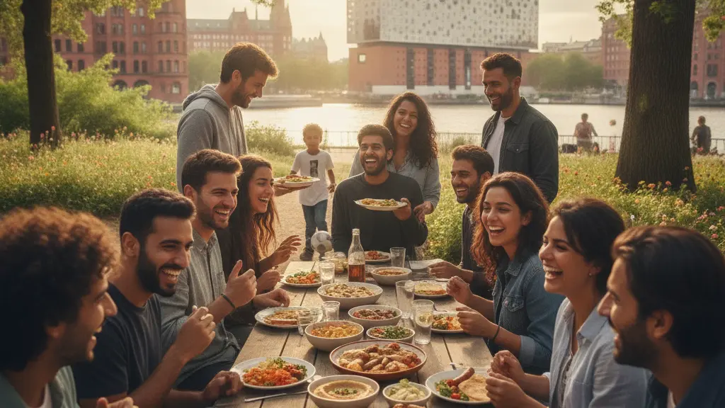 A diverse group of individuals, including Syrian refugees, joyfully interacting and sharing food in a public park in Hamburg, Germany, with visible elements of Hamburg's architecture and greenery in the background, symbolizing integration and community support.