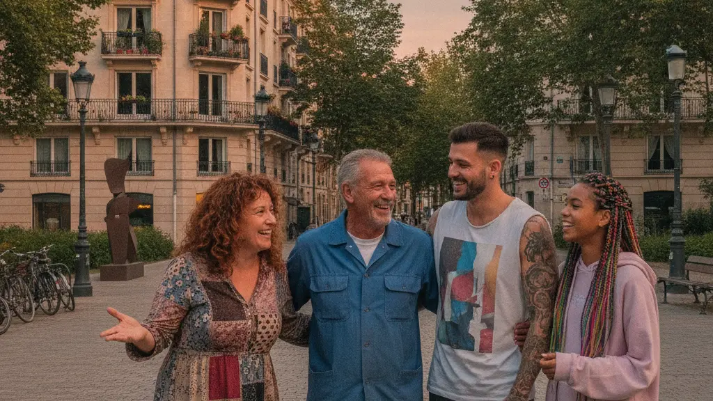 A diverse group of five smiling individuals standing together in an urban setting, depicting social unity and support amidst housing challenges, with modern apartment buildings and greenery in the background, captured in warm, inviting evening light.