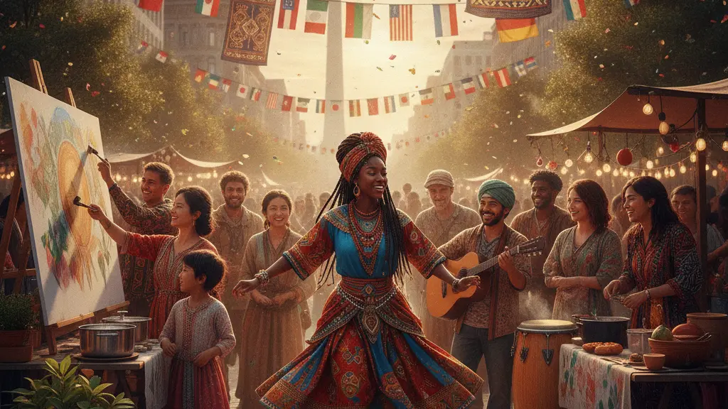 A vibrant community festival scene in an urban setting, featuring a diverse group of people joyfully participating in cultural celebrations. The main focus is a young African woman leading a traditional dance, surrounded by multi-ethnic participants engaged in various activities, with recognizable Berlin architecture in the background.
