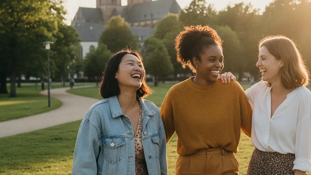 Three women of diverse ethnic backgrounds enjoying a joyful moment together in a sunny park in Magdeburg, Germany, with the Cathedral visible in the background, conveying a message of friendship and community.