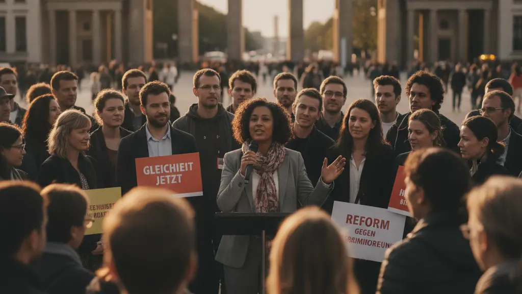 A multi-ethnic group of individuals engaged in a community meeting in Germany, with a passionate speaker at the forefront, set against a backdrop of iconic German architecture, symbolizing unity and the push for anti-discrimination reforms.