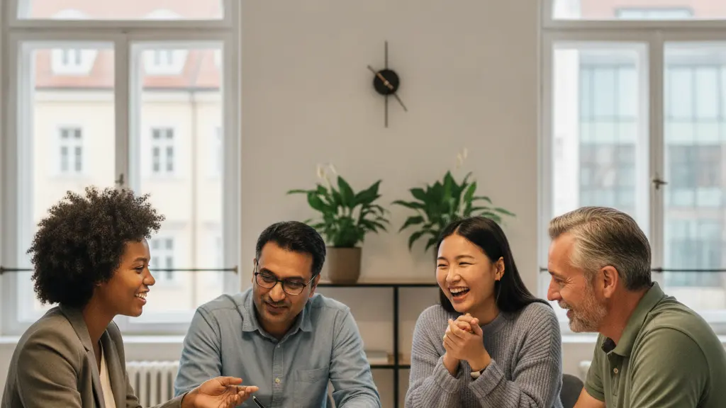 A diverse group of part-time workers, including men and women of various ethnicities and ages, collaborating joyfully in a bright modern office, showcasing teamwork and equality in the workplace. The environment features contemporary office design, hinting at a central European locale without distracting from the central subjects.