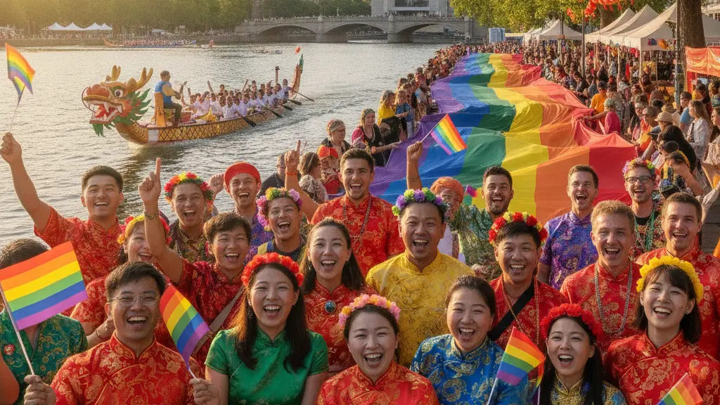 A vibrant and festive scene from Hannover's Dragon Boat Festival and Pride Parade, featuring diverse participants joyfully celebrating with rainbow flags and dragon boat racing elements amidst a lively backdrop of the Maschsee and recognizable city architecture.