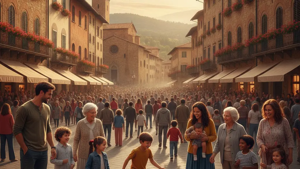 A bustling Italian town square showcasing harmony among a diverse group of individuals, including families and children playing together, vibrant Italian architecture, and a warm afternoon glow symbolizing hope and unity.