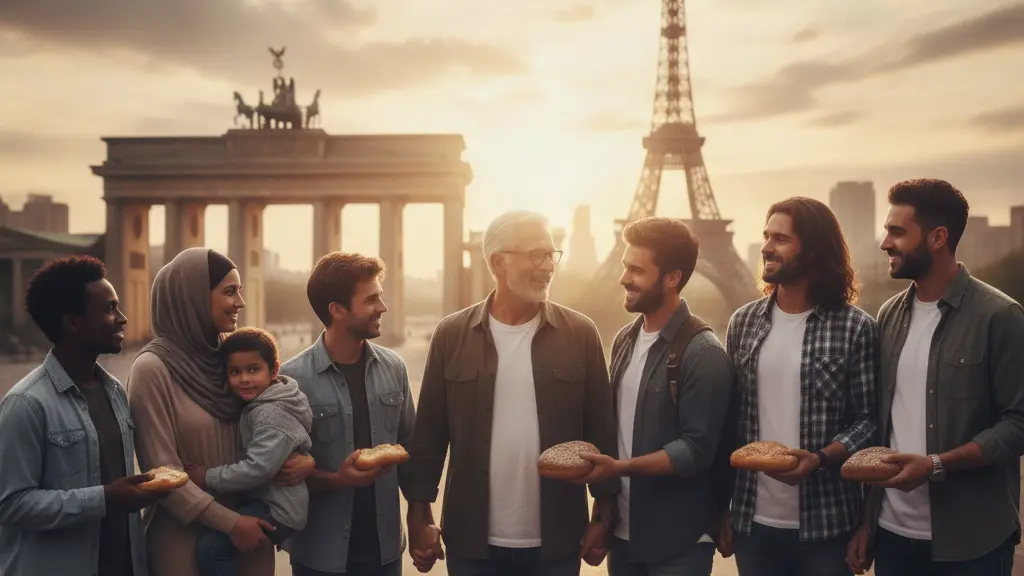 A diverse group of people standing together in a supportive manner against the backdrop of a European cityscape, symbolizing unity and compassion in the context of asylum policies.