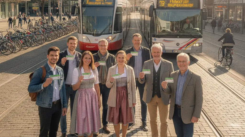 A diverse group of people in Germany joyfully displaying their 'Deutschlandticket' in a public transport setting, symbolizing community, mobility, and the positive changes associated with the CDU's new Bürgergeld plan.