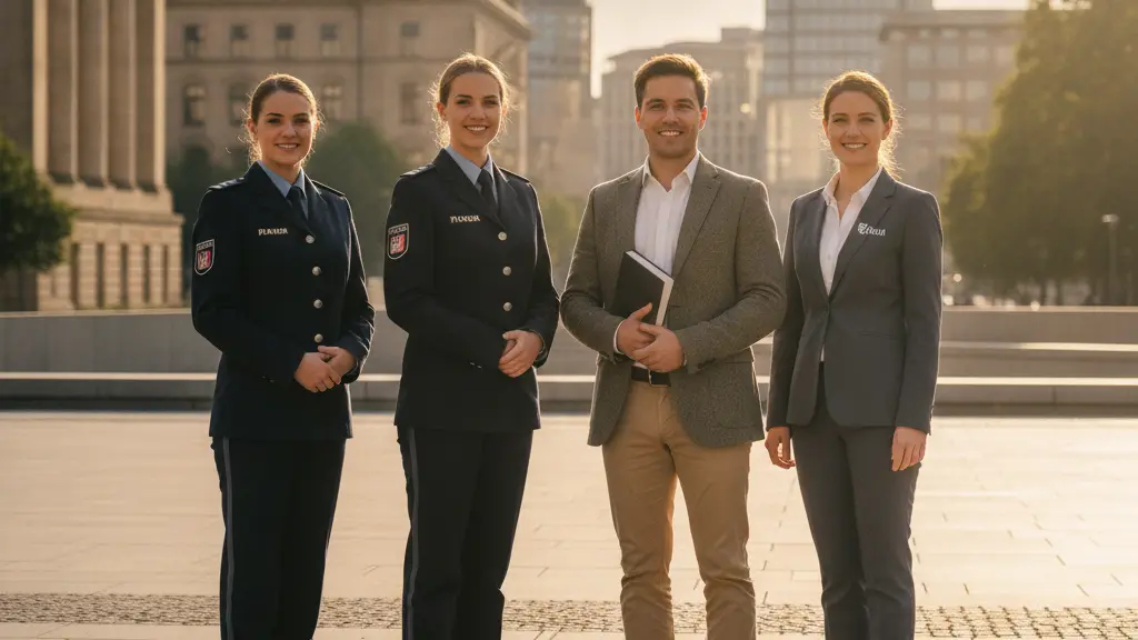 A diverse group of public servants standing confidently in a vibrant urban landscape in Germany, symbolizing resilience and financial security. The scene reflects unity among a police officer, teacher, and government worker, dressed in their official uniforms against a backdrop of historic and modern architecture.