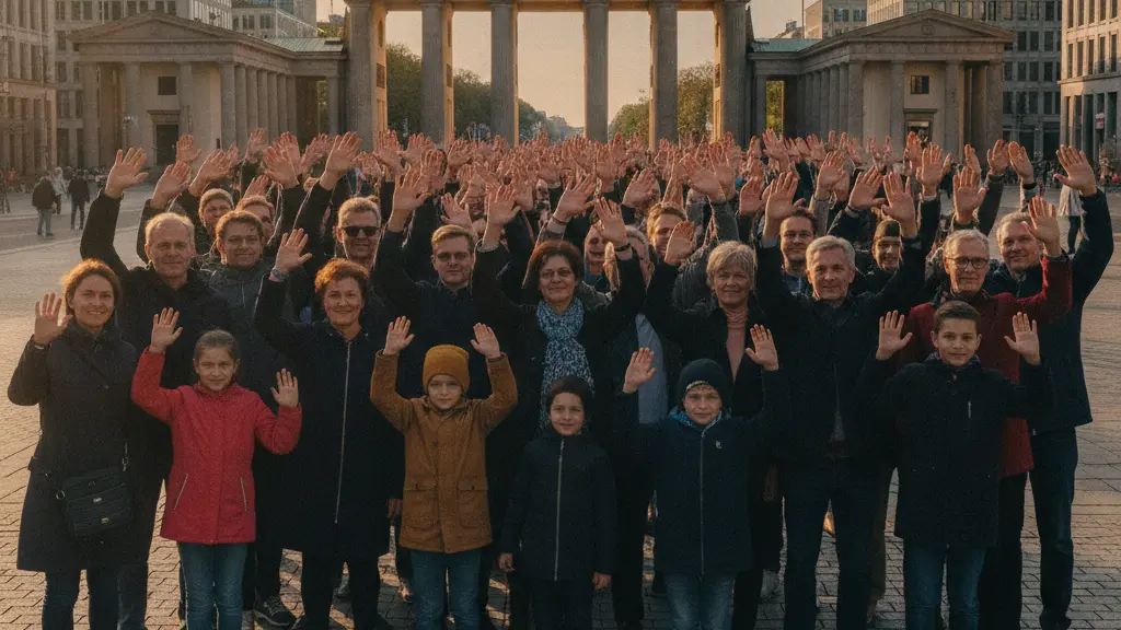 A diverse group of citizens peacefully protesting for fundamental rights in an urban German setting, showcasing unity and resilience against the backdrop of the Brandenburg Gate, symbolizing the balance between freedom and security.