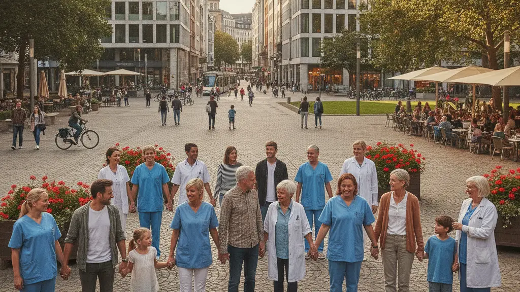 A diverse group of people in a modern German city, standing united and engaged in dialogue, symbolizing community support in response to healthcare reforms, with recognizable architecture and a warm, inviting atmosphere.