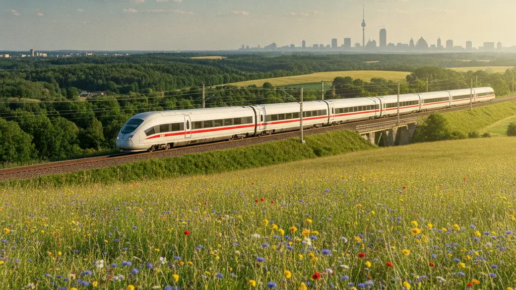 A high-speed train passing through the Brandenburg countryside with iconic Berlin architecture in the background on a sunny day, symbolizing the revival of travel connections in Germany.