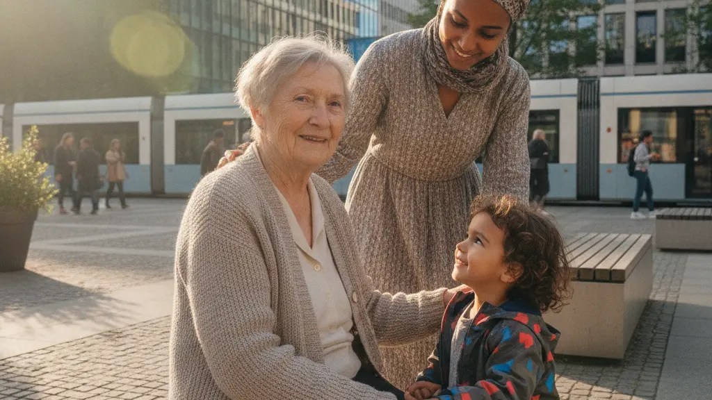 A photorealistic, emotionally resonant image depicting a diverse, intergenerational group embodying unity in a vibrant German city square. An elderly Caucasian German woman is seated on a bench, gently holding the hand of a joyful child of mixed heritage, who stands between her and a younger woman of Middle Eastern or North African descent. The younger woman places a supportive hand on the elder's shoulder, all three sharing warm smiles. The scene conveys strong themes of trust, community, and social cohesion. The background shows blurred modern and historical German architecture under warm golden hour sunlight, with no text or symbols visible.