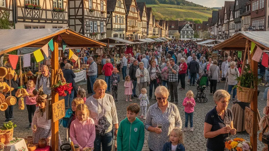 A lively street market in Hessen, Germany during Pfingsten, featuring colorful stalls, joyful families, and traditional architecture, capturing the spirit of community and celebration in a sunny spring setting.