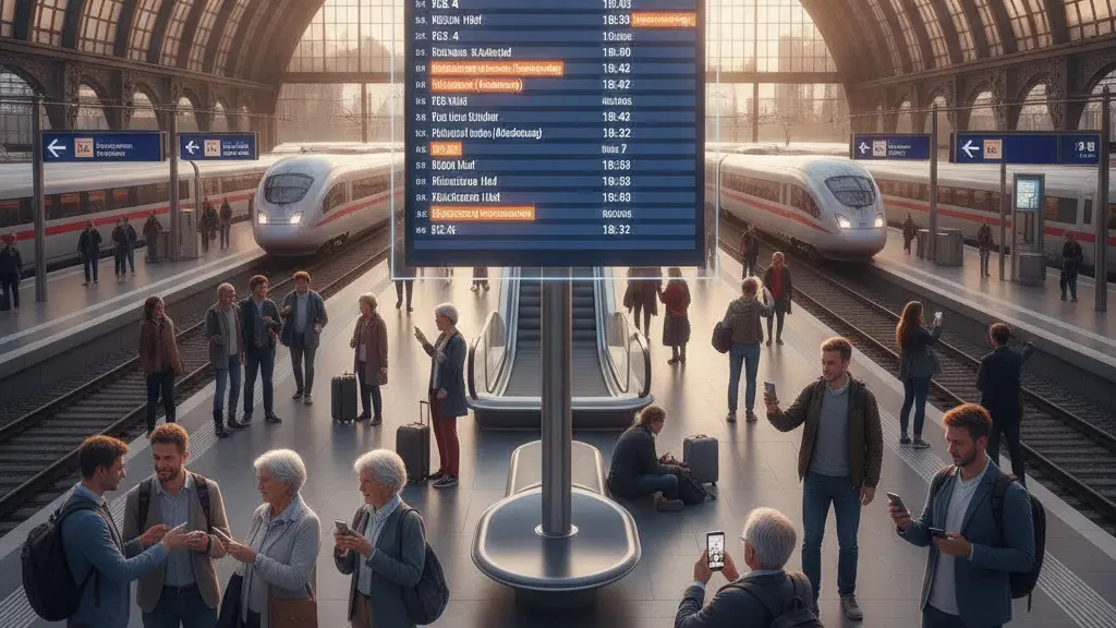 A modern German railway station featuring a digital display board showing real-time train updates, with diverse passengers using smartphones and engaging in conversation, reflecting improved communication and technological advancement in transport.