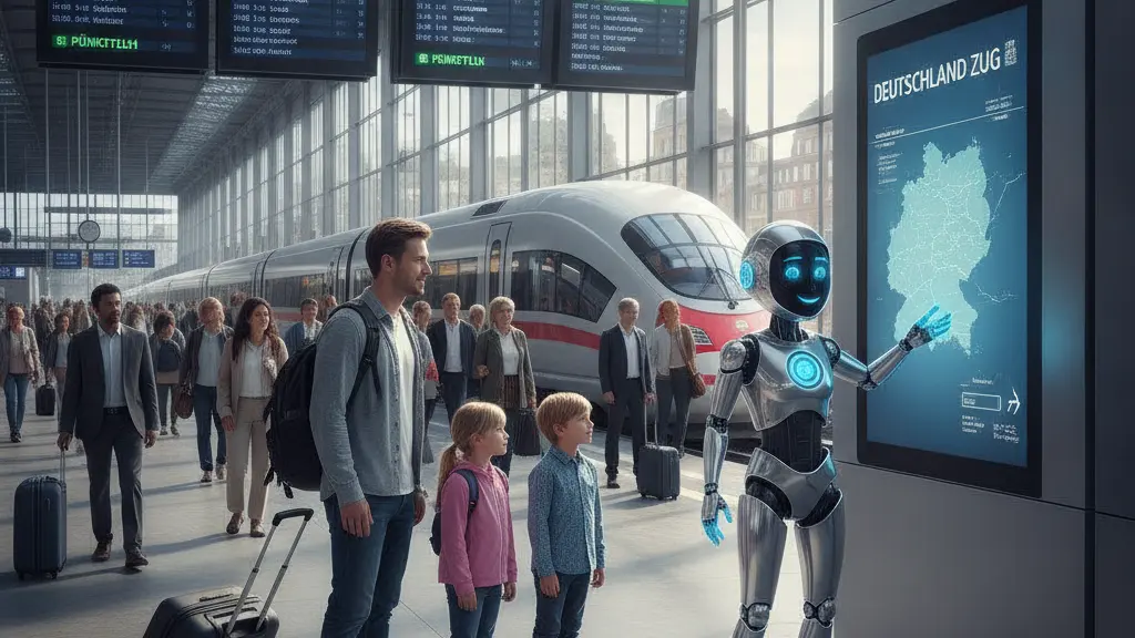 A diverse group of people interacting with a futuristic AI assistant at a modern German train station, showcasing the integration of technology and efficient travel solutions.