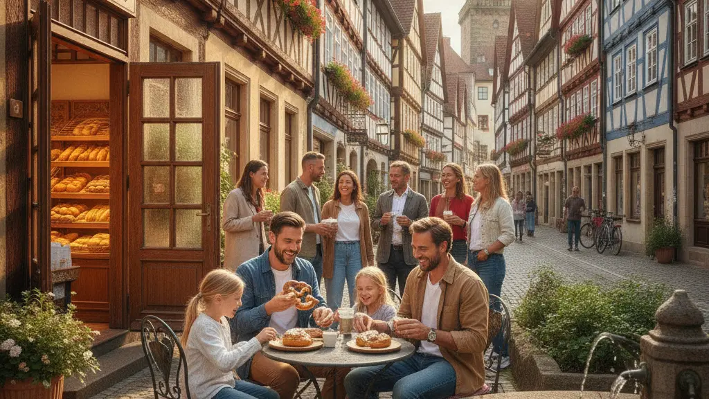A lively German city square filled with diverse people celebrating community, featuring a traditional bakery and lush greenery, under warm sunny light.