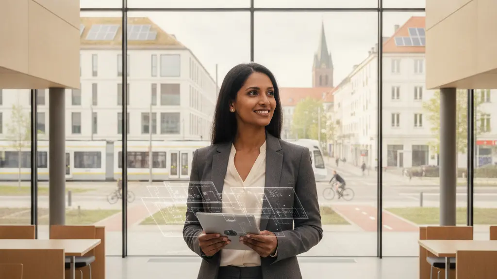 A photorealistic, mid-shot image of a confident, smiling female engineer of South Asian descent, dressed in professional business attire, holding a tablet displaying architectural blueprints. She stands in a bright, modern German building atrium with large windows, through which a subtly blurred German cityscape is visible, showing a mix of contemporary and traditional architecture, and efficient public transport. The image conveys successful integration, belonging, and an optimistic future in Germany.