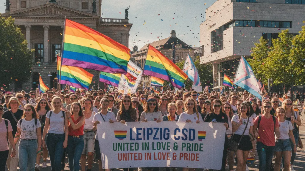 A vibrant celebration of Christopher Street Day in Leipzig, featuring diverse participants joyfully marching with rainbow flags in front of the Leipzig Opera house on a sunny day.