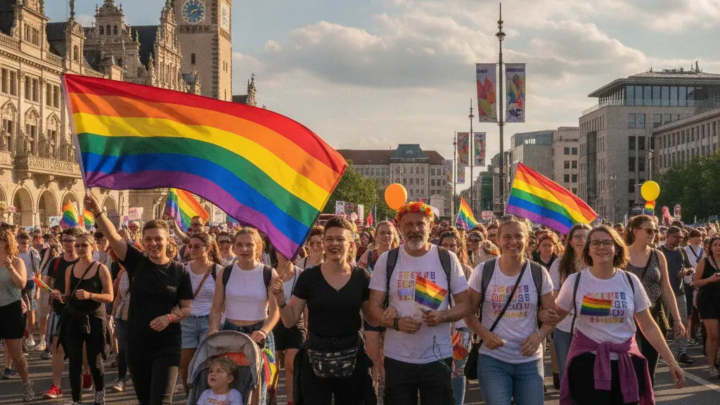 A diverse group of LGBTQ+ individuals joyfully marching with rainbow flags at the CSD Leipzig 2026 demonstration, with the New Town Hall and Augustusplatz in the background, symbolizing unity and celebration.