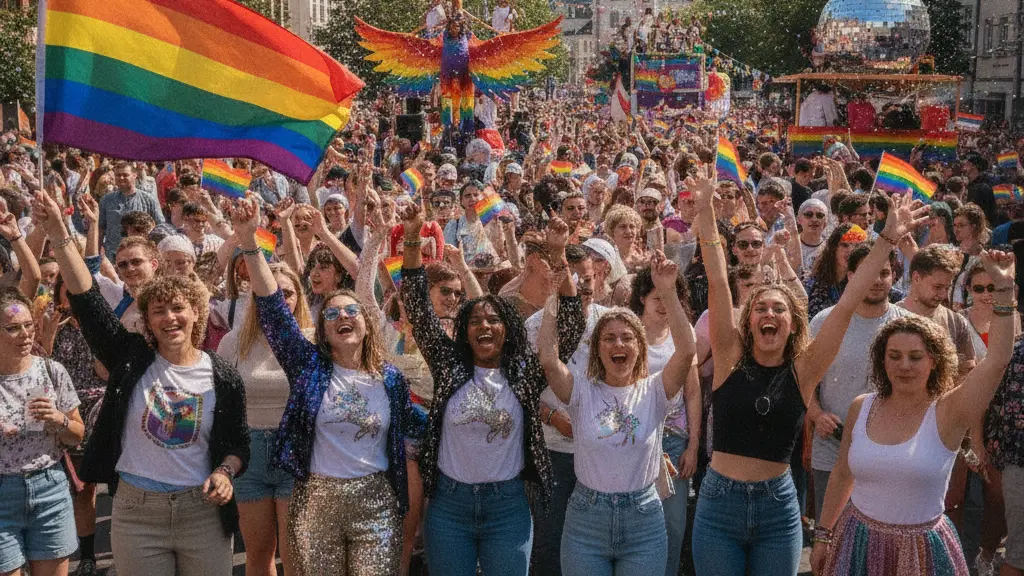 A diverse group of friends joyfully celebrating at Frankfurt's Big Pride Parade in 2026, with rainbow flags and recognizable landmarks like the Römer visible in the background.
